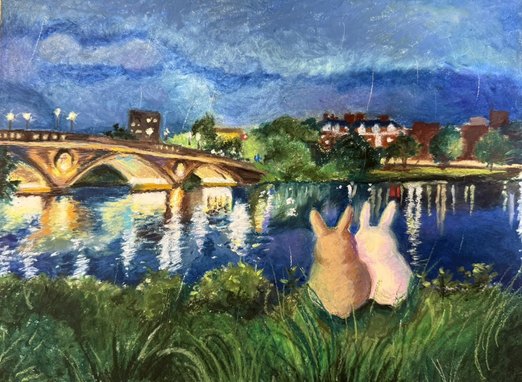 Oil pastel painting of two bunnies sitting in the grass, looking across a river at a lit-up bridge at night