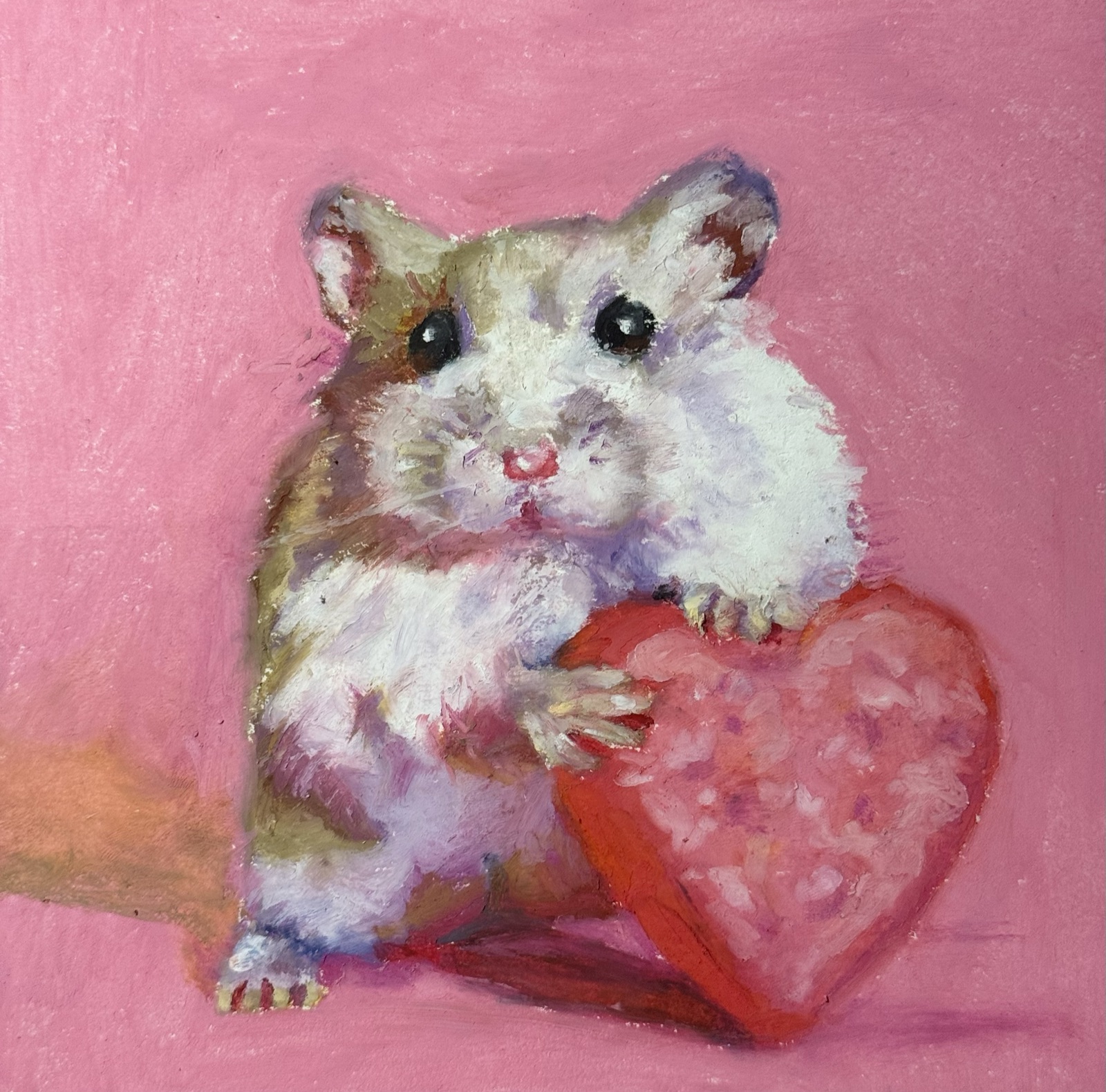 Oil pastel portrait of a fluffy hamster holding a heart on pink