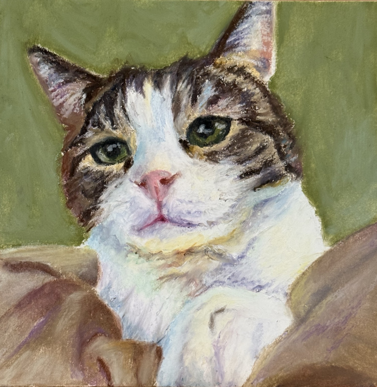 Oil pastel portrait of a tabby-and-white cat on green
